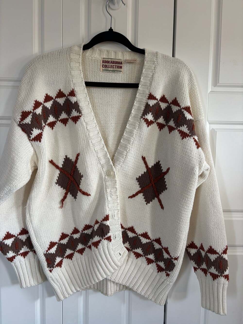 Kookaburra Collection Vintage 100% Cotton Diamond Pattern Knit Cardigan Sweater